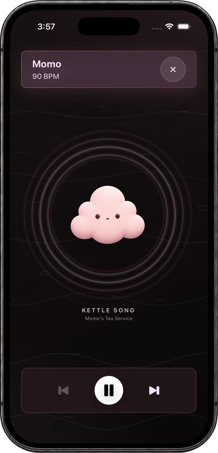 Momo, a pink cloud, playing Kettle Song in Momo’s Tea Service