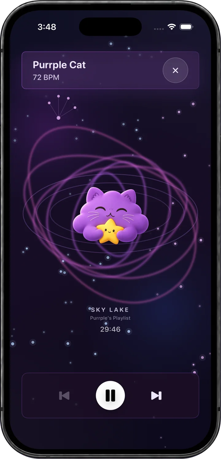 Purrple Cat holding a star, playing Sky Lake from Purrple’s Playlist